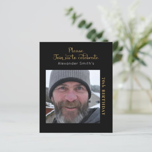 Foto Budget 70e Verjaardagsuitnodiging Zwart Goud (Staand voorkant)