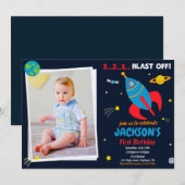 Foto buitenspace Rocket verjaardagsuitnodiging Kaart (Voorkant / Achterkant)