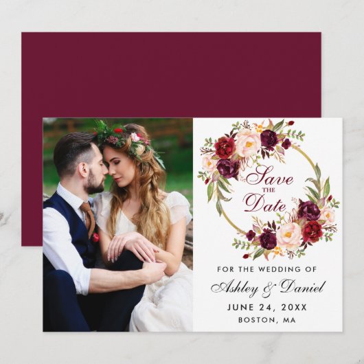 Foto: Burgundy Floral met veel adem om de datum op Save The Date (Voorkant / Achterkant)