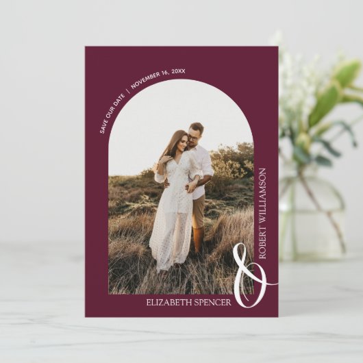 Foto Burgundy QR Code Weddenschap Save the Date (Staand voorkant)