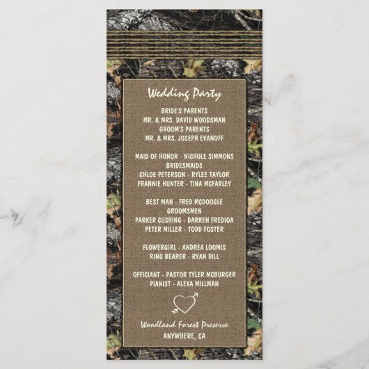 Foto Burlap + Carved Heart Camo Trouwprogramma's Programmakaart (Achterkant)