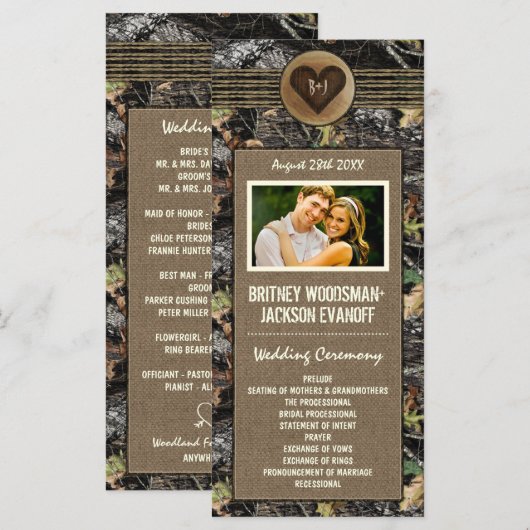 Foto Burlap + Carved Heart Camo Trouwprogramma's Programmakaart (Voorkant / Achterkant)