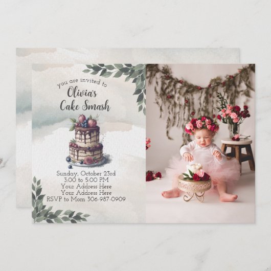 Foto Cake Smash Eerste Verjaardagsfeestuitnodiging Kaart (Voorkant / Achterkant)