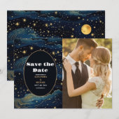 Foto Celestial Midnight Blue Stars Maan Bruiloft Save The Date (Voorkant / Achterkant)