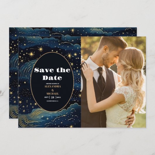 Foto Celestial Midnight Blue Stars Maan Bruiloft Save The Date (Voorkant / Achterkant)