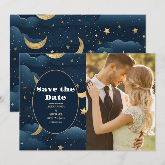 Foto Celestial Midnight Blue Stars Maan Bruiloft Save The Date (Voorkant / Achterkant)