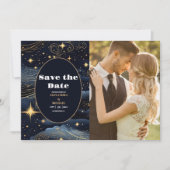 Foto Celestial Midnight Blue Stars Maan Bruiloft Save The Date (Voorkant)