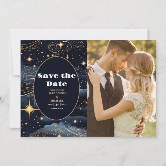 Foto Celestial Midnight Blue Stars Maan Bruiloft Save The Date (Voorkant)
