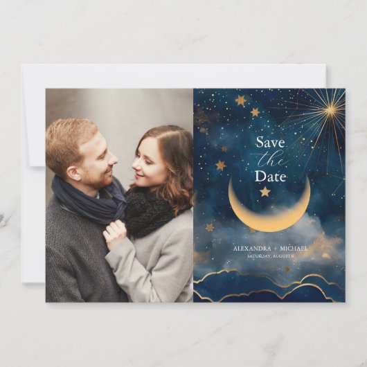 Foto Celestial Midnight Blue Stars Maan Bruiloft Save The Date (Voorkant)