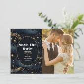 Foto Celestial Midnight Blue Stars Maan Bruiloft Save The Date (Staand voorkant)