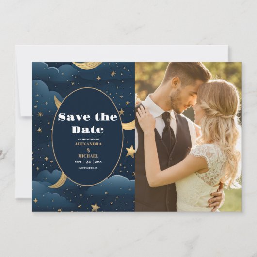 Foto Celestial Midnight Blue Sterren Maan Bruiloft Save The Date (Voorkant)