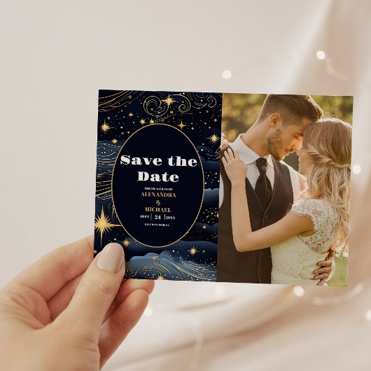 Foto Celestial Midnight Blue Sterren Maan Bruiloft Save The Date