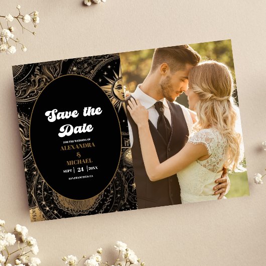 Foto Celestial Zwart Goud Bruiloft Save The Date