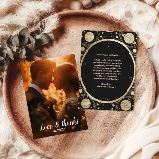 Foto Celestial Zwart Goud Halve Maan Huwelijk Bedankkaart