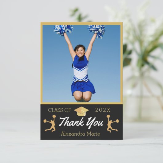 Foto Cheerleader Zwart Goud Wit afstuderen Bedankkaart (Staand voorkant)