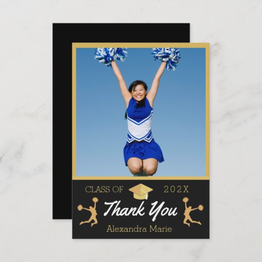 Foto Cheerleader Zwart Goud  Wit afstuderen  Bedankkaart (Voorkant / Achterkant)