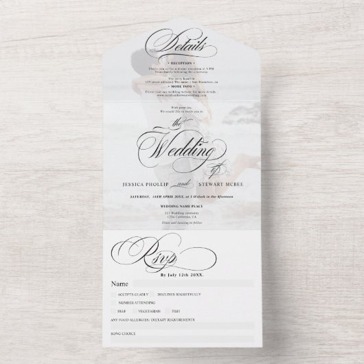 Foto chique eenvoudige elegante kalligrafie bruilo all in one uitnodiging (Binnen)