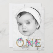 Foto chique gouden bloemenbrief 1e verjaardag blus kaart (Voorkant)