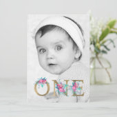 Foto chique gouden bloemenbrief 1e verjaardag blus kaart (Staand voorkant)