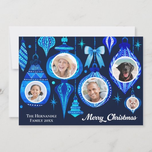 Foto Christmas Bauble Navy Blue Waterverf familie Feestdagenkaart (Voorkant)
