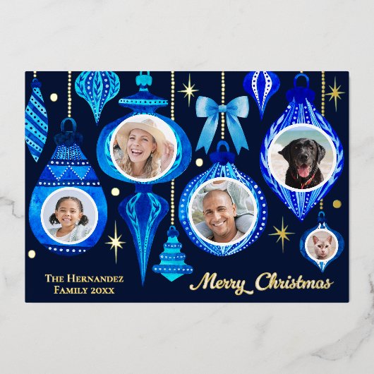 Foto Christmas Bauble Navy Blue Waterverf familie Folie Feestdagenkaart (Voorkant)