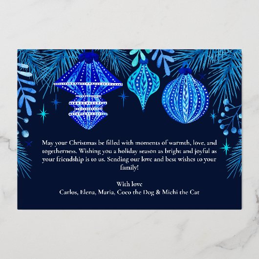 Foto Christmas Bauble Navy Blue Waterverf familie Folie Feestdagenkaart (Achterkant)