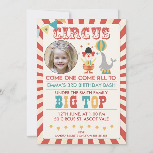Foto Circus Birthday party Invitation Kaart (Voorkant)
