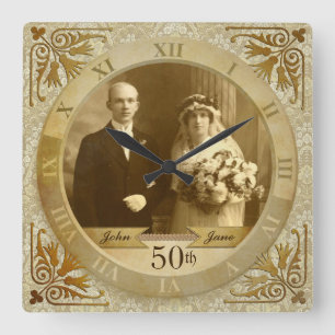 Foto Clock Gold Damask Roman Numeral Vierkante Klok
