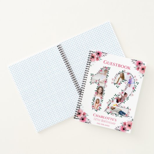 Foto Collage 12th Birthday Girl Pink Flower White Notitieboek (Binnen)