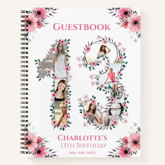 Foto Collage 13th Birthday Pink Flower Guest Book Notitieboek (Voorkant)