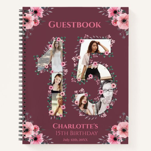 Foto Collage 15th Birthday Pink Flower Guest Book Notitieboek (Voorkant)