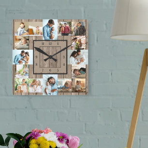 Foto Collage 16 Afbeelding Rustic Wood Genummerd Vierkante Klok