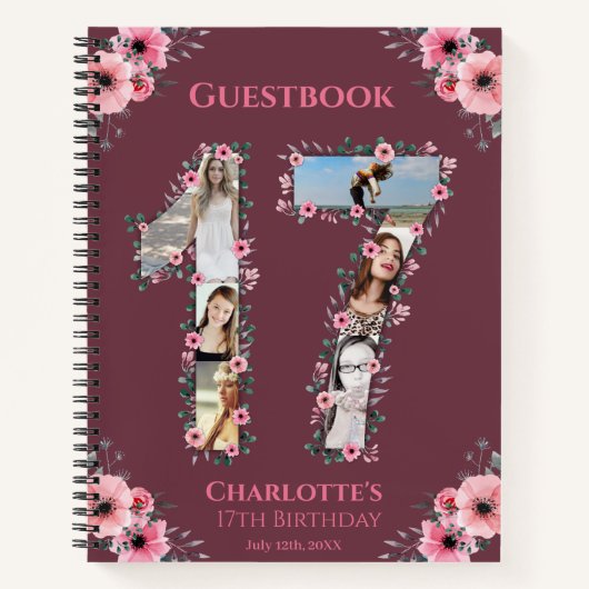 Foto Collage 17e Birthday Pink Flower Guest Book Notitieboek (Voorkant)