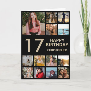 Foto-collage 17e verjaardag 13 foto's zwart & goud kaart