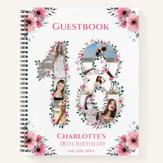 Foto Collage 18e Birthday Pink Flower Guest Book Notitieboek (Voorkant)