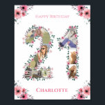 Foto Collage 21st Birthday Girl Pink Flower White Poster<br><div class="desc">Creëer een eenentwintigste verjaardag zes foto's collage in een twintigtal eerste vorm. Verkleurd met mooie en mooie waterverf bloemen en groen bladeren. Geweldig 21ste verjaardag cadeau voor vrouwen. Speciaal nummer 21 fotocollage voor een uniek en zeer speciaal product.</div>