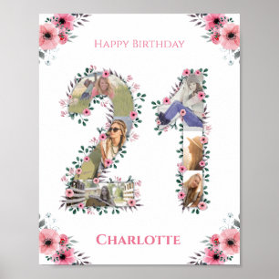Foto Collage 21st Birthday Girl Pink Flower White Poster