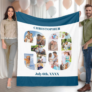 Foto Collage 30th Birthday Blue White Afbeelding Fleece Deken