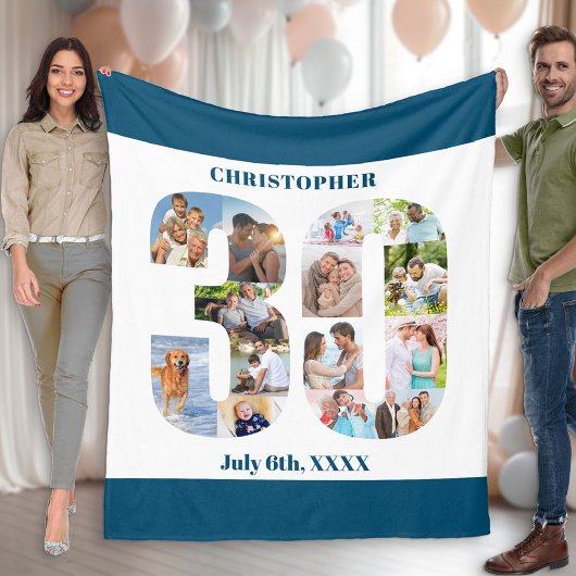 Foto Collage 30th Birthday Blue White Afbeelding Fleece Deken