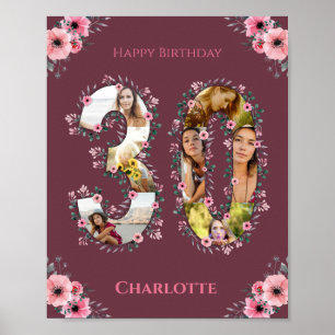 Foto Collage 30th Birthday Girl Pink Flower Woman Poster