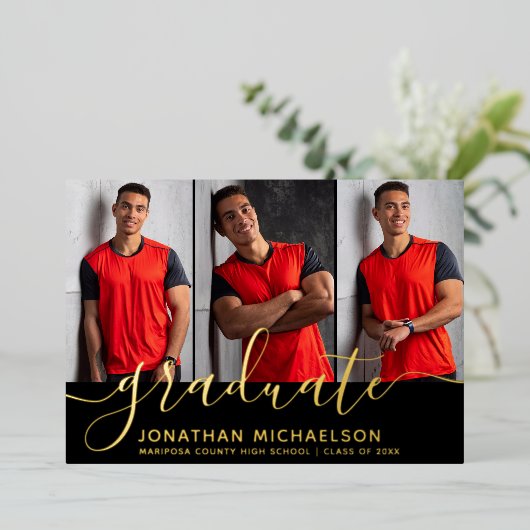 Foto Collage 3 Afbeeldingen Afstuderen aankondigin Folie Uitnodiging (Staand Voorkant)