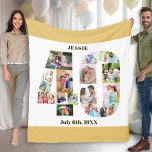 Foto Collage 40th Birthday Beige White Afbeelding Fleece Deken<br><div class="desc">Aangepaste Afbeelding met 15 favoriete foto's. Deze stijlvolle fotocollage is in de vorm van het getal 40 op een witte achtergrond met neutraal beige zand/gedempt gele randen en een bronzen moderne typografie. De deken kan ook worden gepersonaliseerd met de naam en geboortedatum van uw keuze. De sjabloon is klaar voor...</div>