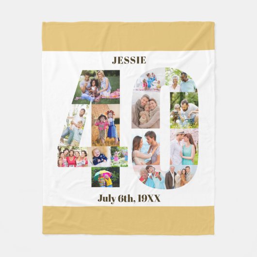 Foto Collage 40th Birthday Beige White Afbeelding Fleece Deken (Voorkant)