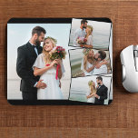 Foto Collage 4 Wedding Afbeelding Montage Muismat<br><div class="desc">Creëer je eigen unieke trouwfoto mousepad. Het fotomalplaatje is opstelling klaar voor u om 4 van uw favoriete afbeeldingen toe te voegen die automatisch als één belangrijkste achtergrondfoto in landschapsformaat zullen tonen, met de resterende 3 foto's die in een zigzagmontage worden bedekt. Het ontwerp heeft smalle zwarte fotokaders en een...</div>