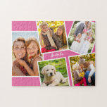 Foto Collage - 5 Afbeeldingen en Jouw naam - Roze Legpuzzel<br><div class="desc">Gepersonaliseerde puzzel voor puzzels - voeg 5 van uw favoriete foto's en jouw naam toe. Het ontwerp kenmerkt een fotocollage van 5 afbeeldingen, elk met een wit lijst. De foto's zijn op een roze achtergrond en de jouw naam wordt letterlijk gemaakt in mooie manuscripttypografie. Geweldig verjaardagscadeau voor een meisje van...</div>