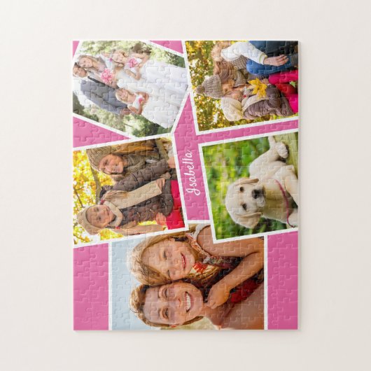 Foto Collage - 5 Afbeeldingen en Jouw naam - Roze Legpuzzel (Verticaal)