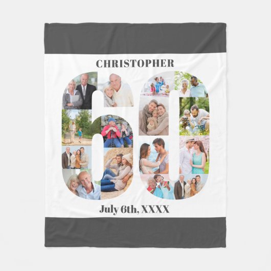 Foto Collage 60th Birthday Gray White Afbeelding Fleece Deken (Voorkant)