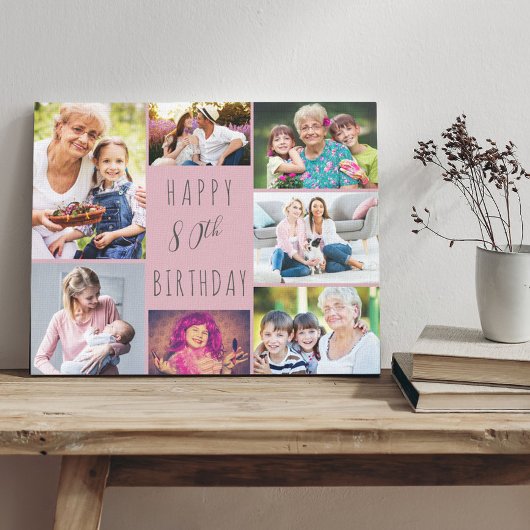Foto Collage 7 Afbeelding Roze grijze 80e verjaard Canvas Afdruk