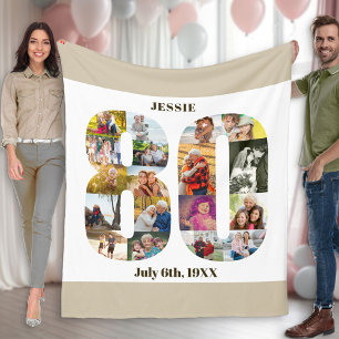 Foto Collage 80th Birthday Neutraal Beige Afbeeldi Fleece Deken