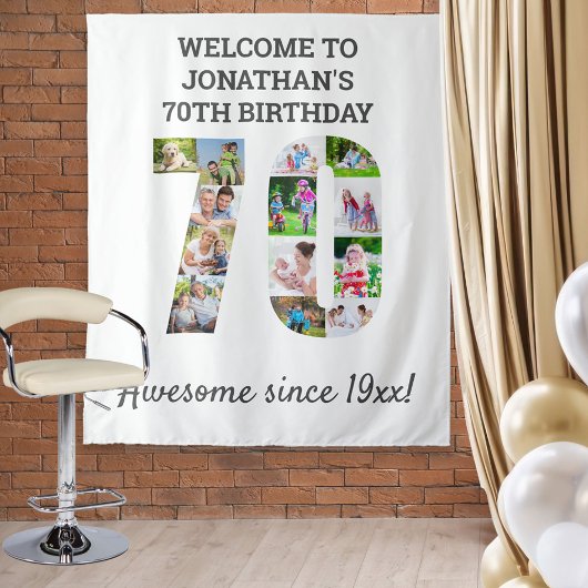 Foto-collage achtergrond voor 70e verjaardagsfeest wandkleed